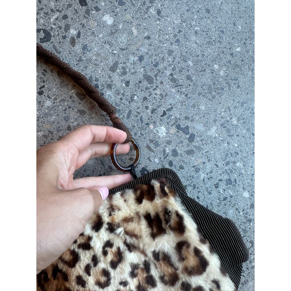 Vintage Leopard Print Fur Purse Brown Rope Handle Y2K Glam Clutch - Picture 2 of 5